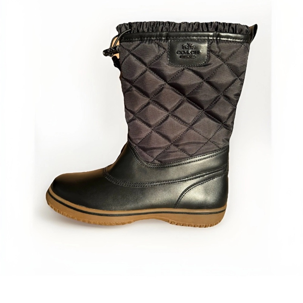 Coach Quilted Drawstring Mid-Calf Snow Boot Black Leather Nylon Women’s Outdoor - Picture 2 of 7